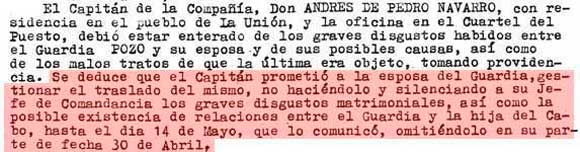 El Capitán Andres de Pedro Navarro prometi a la esposa del GuardiA Pozo gestionar el traslado...